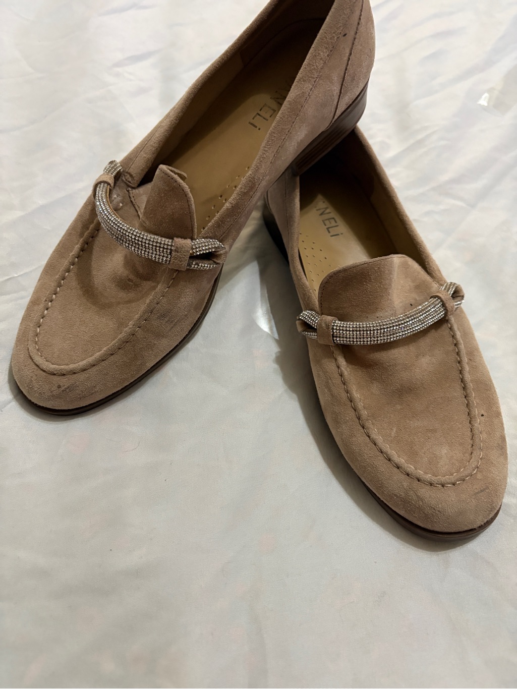 Vaneli Taupe Suede Loafers With Crystal Chain Detail